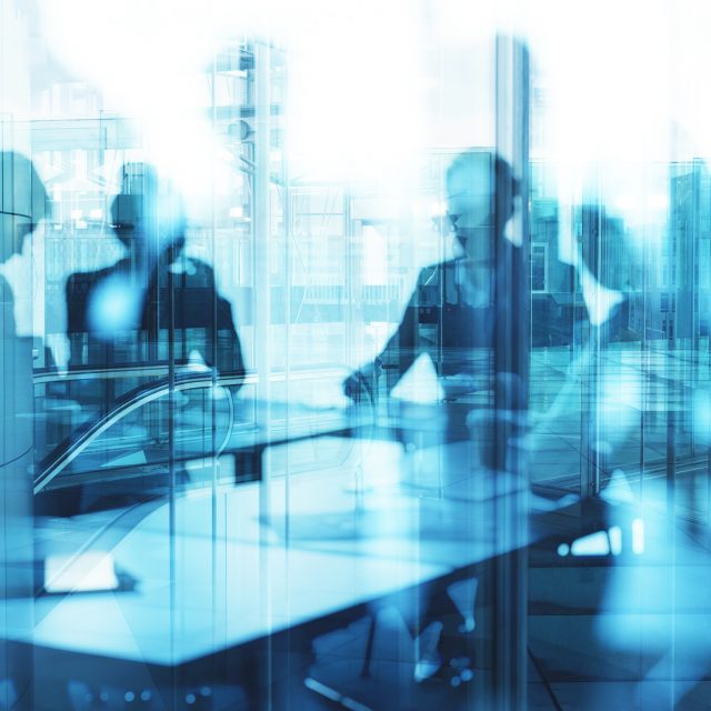 Group of business people work together in office Double exposure of business people who work together in office